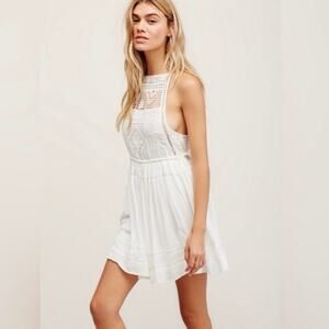 Free People Emily Dress White Crochet Square Neck Tiered Mini Dress Size XS